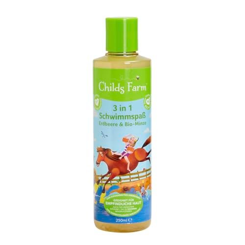 Childs Farm 3 w 1 dzieci radość z pływania, truskawka i bio-mięta 250 ml, żel pod prysznic, szampon i odżywka | nadaje się do skóry suchej, wrażliwej i skłonnej do atopowego zapalenia skóry