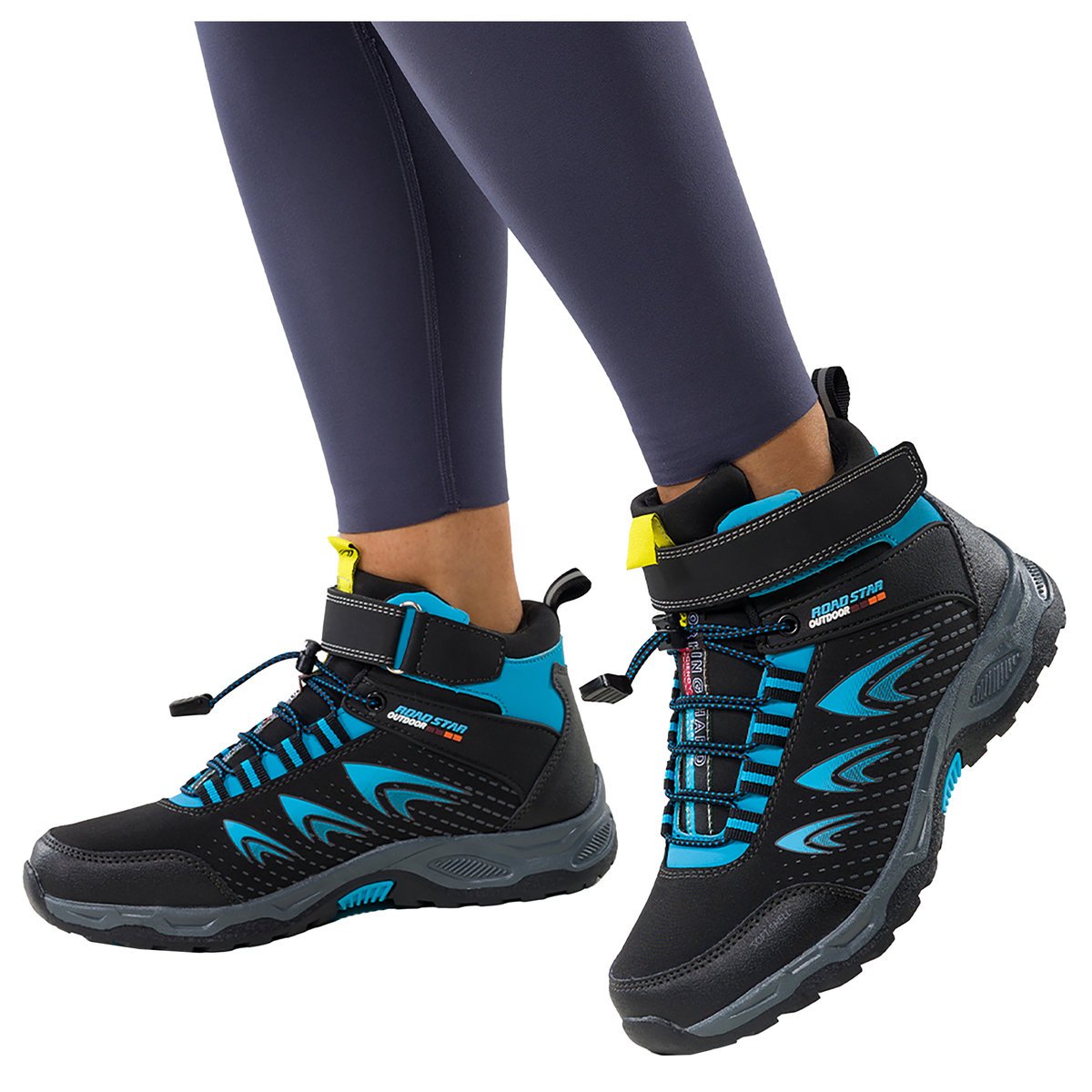Czarne buty trekkingowe damskie na bieżnikowanej podeszwie z regulowaną elastyczną sznurówką niebieskie wstawki softshell Casu 2310-14W-39