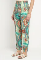 Spodnie damskie - Zielone Bawełniane Spodnie o Szerokim Kroju z Wysokim Stanem ze Wzorem Boho Zarrive - miniaturka - grafika 1