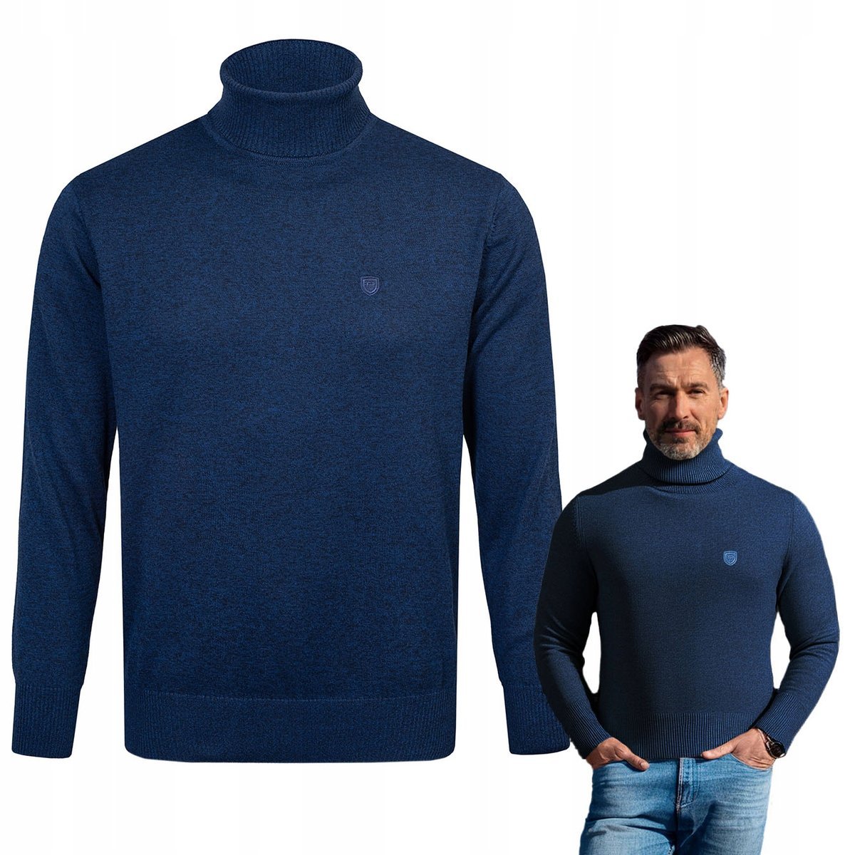 Klasyczny GOLF Sweter Męski Elegancki GRANATOWY melanż XXL Pako Jeans