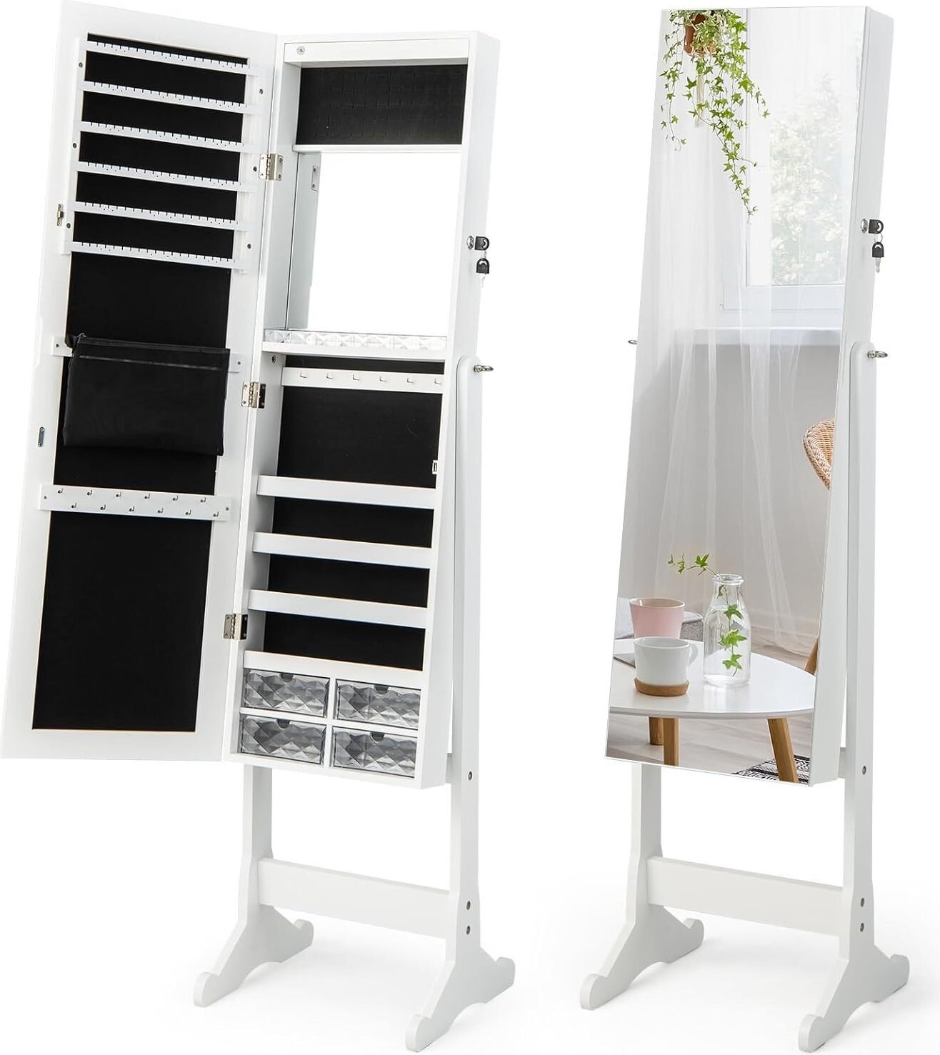 Szafka na biżuterię COSTWAY, regulowany, wolnostojący stojak na biżuterię z pełnowymiarowym lustrem i wewnętrznym lusterkiem do makijażu oraz oświetleniem LED, zamykana szafka z lustrem na biżuterię, biała
