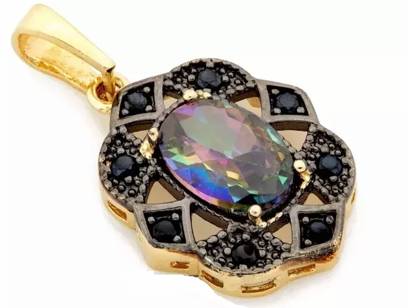 ZŁOTA ZAWIESZKA 585 ELEGANCKA Z TOPAZEM I CZARNYMI CYRKONIAMI +