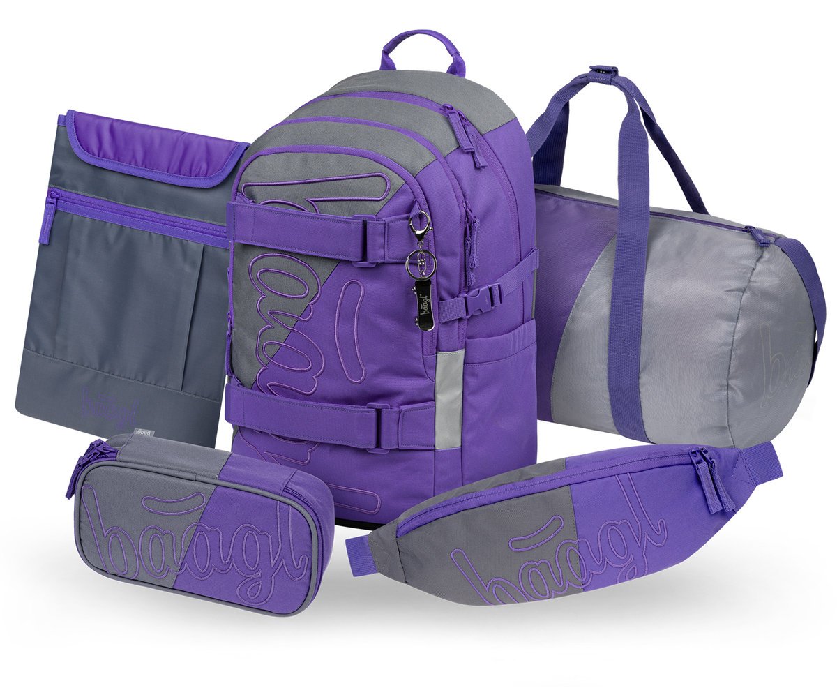 BAAGL Zestaw Szkolny 5w1 Plecak Ergonomiczny Skate Dual Fioletowy + Piórnik + Torba + Nerka + Etui na laptopa