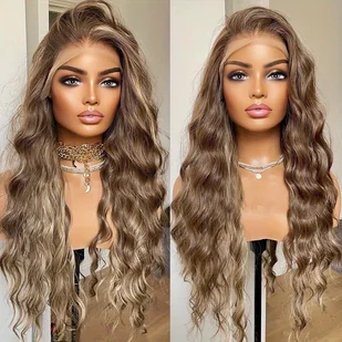 TEMU 13x4 Peruka z Koronką HD 26 Cali Jasnobrązowy do Blond Balayage Luźne Fale Syntetyczna Włosy - Bez Kleju, Pre-Plucked Odporna na Ciepło Gęstość - Pozostałe akcesoria fryzjerskie - miniaturka - grafika 1