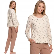 Piżamy damskie - MIĘKKA BAWEŁNIANA PIŻAMA DAMSKA Z FALBANKĄ I DŁUGIM RĘKAWEM BEŻ MORAJ S BEIGE - miniaturka - grafika 1