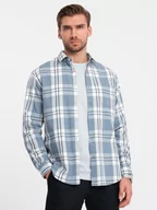Koszule męskie - Klasyczna flanelowa męska koszula bawełniana w kratę - niebiesko-kremowa V2 OM-SHCS-0157 - miniaturka - grafika 1