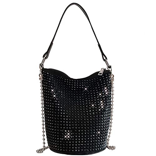 Bydenwely Rhinestone, nity, Bling Bucket Hobo, torba szykowna, wieczorowa torebka damska, kopertówka, crossbody, mini torba na studniówkę, Czarny
