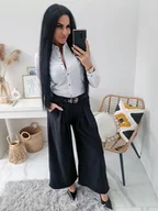 Spodnie damskie - WIZYTOWE SPODNIE MATERIAŁOWE VERBENA Z SZEROKĄ NOGAWKĄ I PASKIEM KULOTY - CZARNE - MODA ITALIA - miniaturka - grafika 1