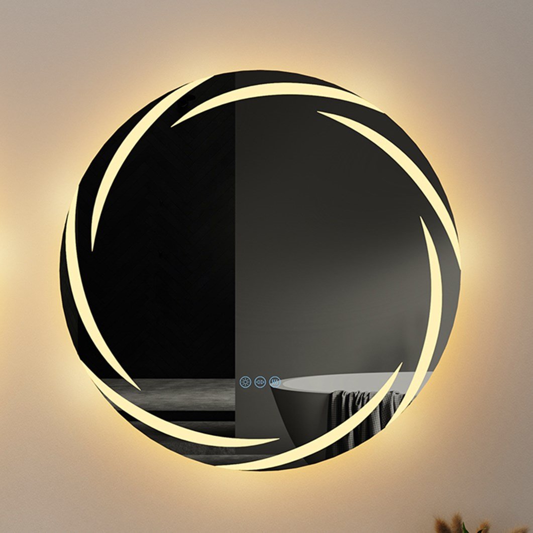 WISFOR Lustro łazienkowe LED okrągłe 60 cm, lustro ścienne z przełącznikiem dotykowym, ściemniacz przeciwmgielny do makijażu w łazience i sypialni, 3 kolory światła, energooszczędność IP56