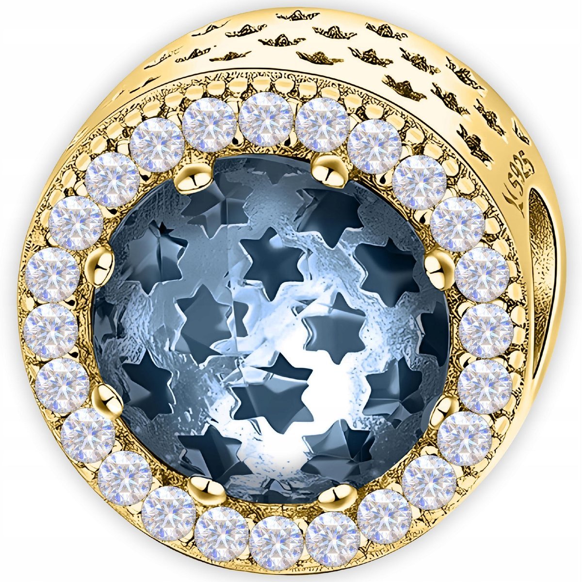 Złoty Charms Okrągły Niebieski Kryształ Klejnot Noc Kosmos SREBRO 925