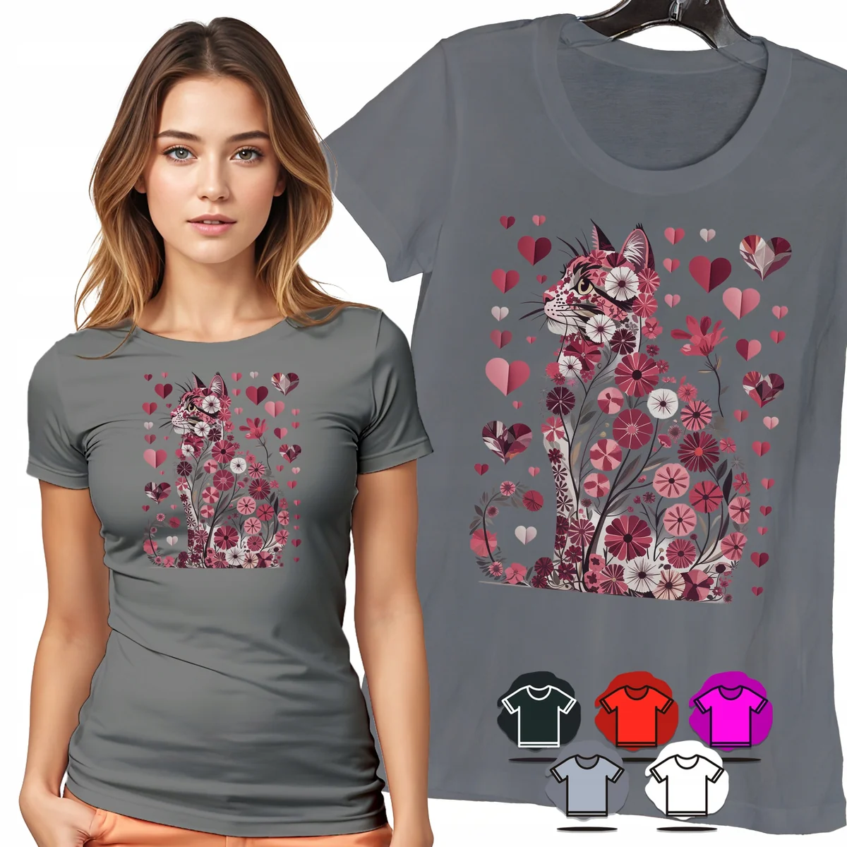 KOSZULKA DAMSKA T-SHIRT - KOT W KWIATACH I SERCACH RÓŻOWY WZÓR MODNY - M