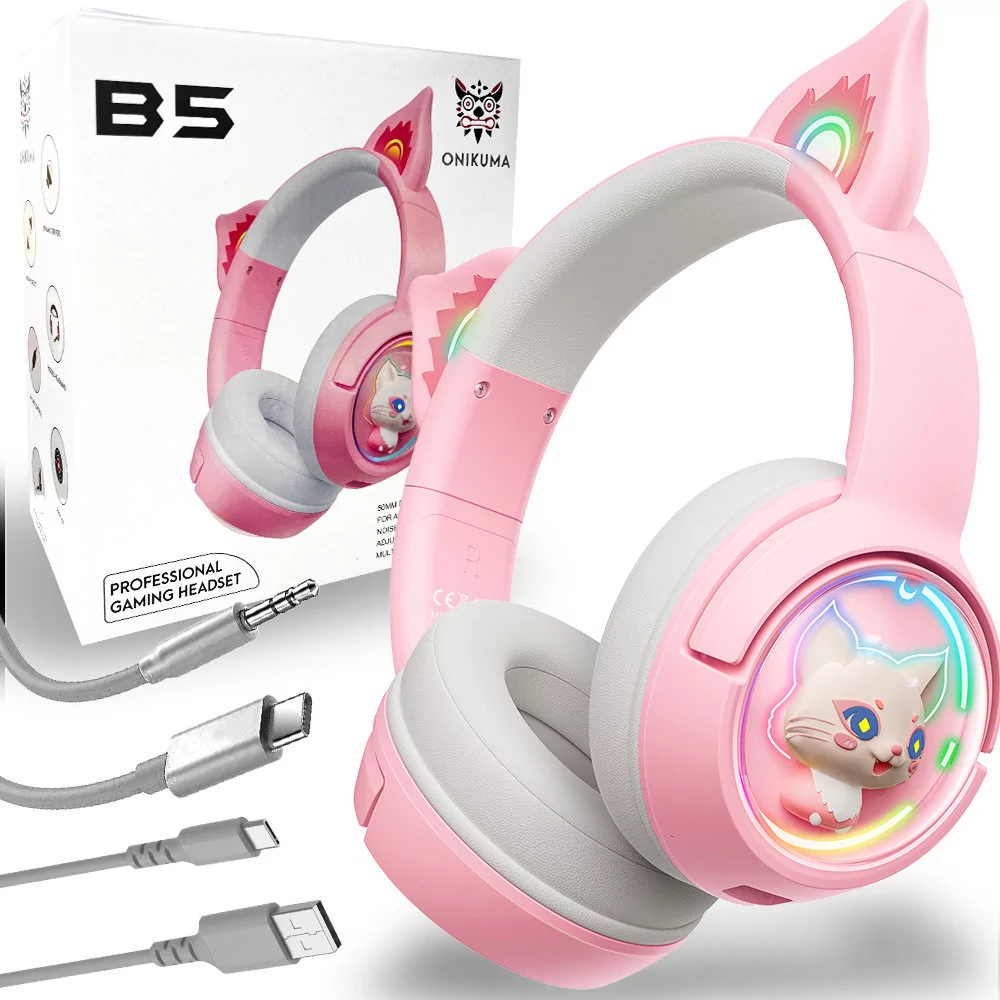 ONIKUMA B5 CAT Słuchawki gamingowe nauszne BT Różowy