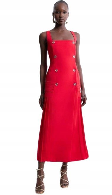 Karen Millen Sukienka Midi Rozszerzana z Guzikami Czerwona 38 B1c
