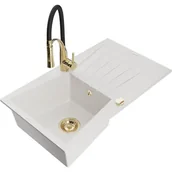 Zlewozmywaki z baterią - Mexen Cesar zlewozmywak granitowy 1-komorowy z ociekaczem i baterią kuchenną Aster, biały - miniaturka - grafika 1