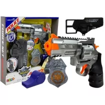 Import LEANToys Zestaw Policyjny Rewolwer 20cm Odznaka Kabura Gwizdek Dźwięk Efekty Świetlne LT-7868-0 - Zabawki militarne - miniaturka - grafika 1