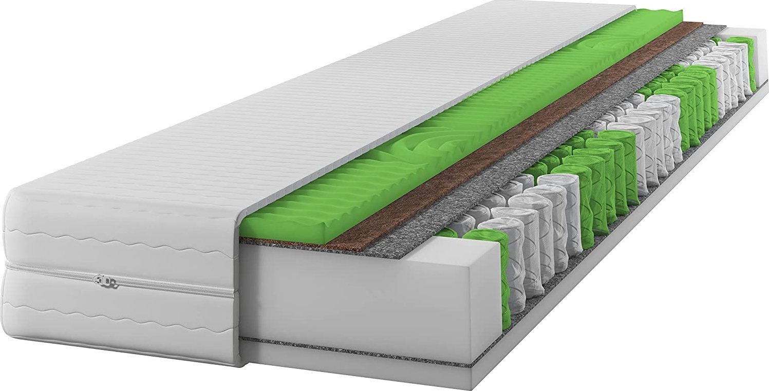 Materac sprężynowy 160x200|Dwustronny H3/H4| 7 strefRdzeń ze sprężyn kieszeniowychKOKOSPianka do masażuPikowany pokrowiecMaterac sprężynowy