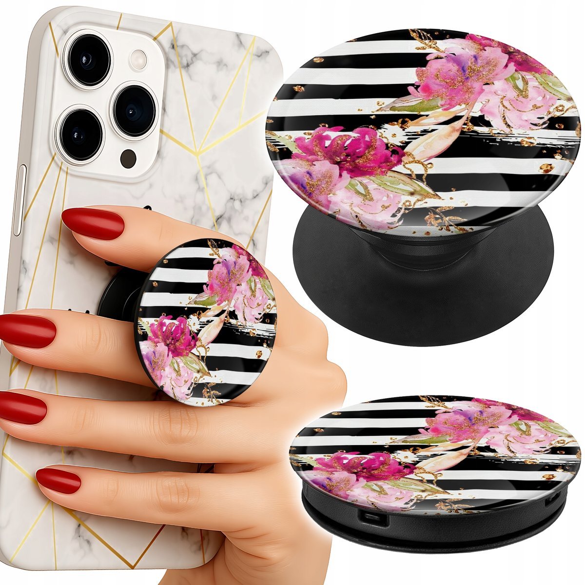 Uchwyt Do Telefonu Popsocket Na Palce/Stojak Kwiatki W Czarno - Białe Paski