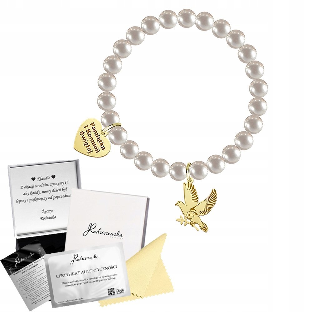 Złota Bransoletka na Komunie z Grawerem GOŁĄB SERCE SREBRO 925 Perły