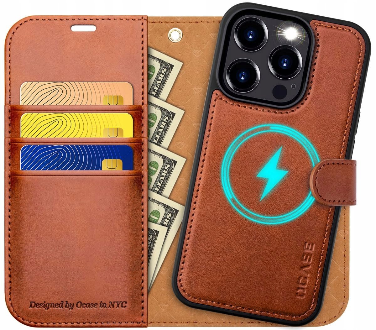 Ocase etui skórzane magsafe do iPhone 15 Pro stojak brązowe 2w1 portfel