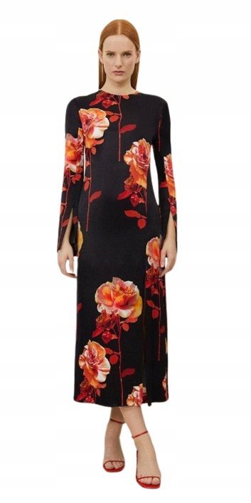 Karen Millen Czarna Sukienka Midi z Flare Rękawem Petite 34 B1c