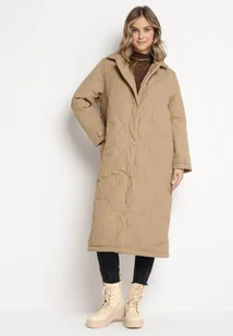 Ciemnobeżowy Długi Płaszcz Kurtka z Kołnierzem i Pikowaniem Semere - Płaszcze damskie - miniaturka - grafika 1