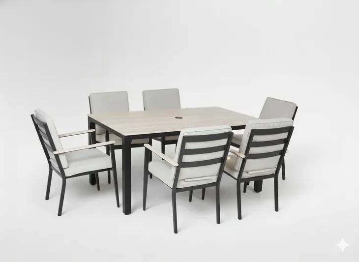 Aluminiowy Zestaw Komplet Mebli Ogrodowych Stół 6 x Krzesło Poduszki Beżowe