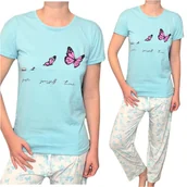 Piżamy damskie - Urocza PIŻAMA DAMSKA długie spodnie krótki rękaw niebieski motyle 2XL - miniaturka - grafika 1