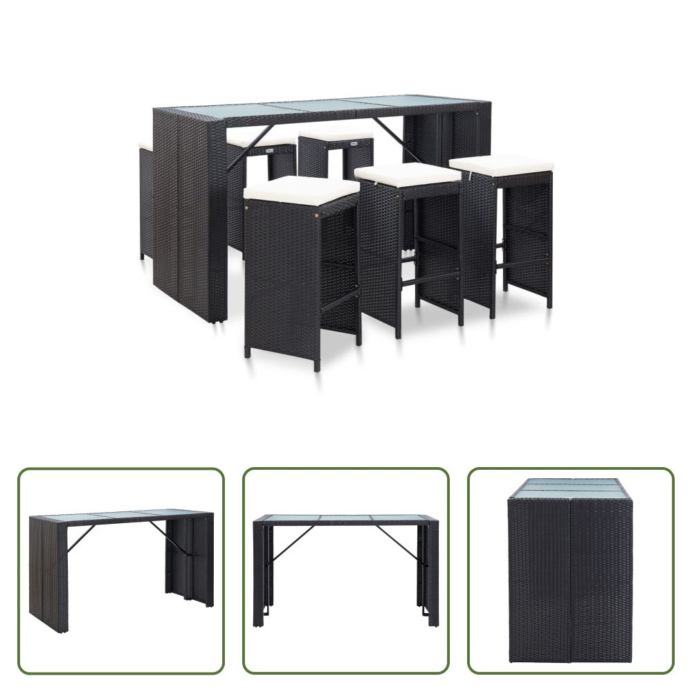 The Living Store 7-częściowy ogrodowy zestaw barowy z poduszkami z czarnego polirattanu