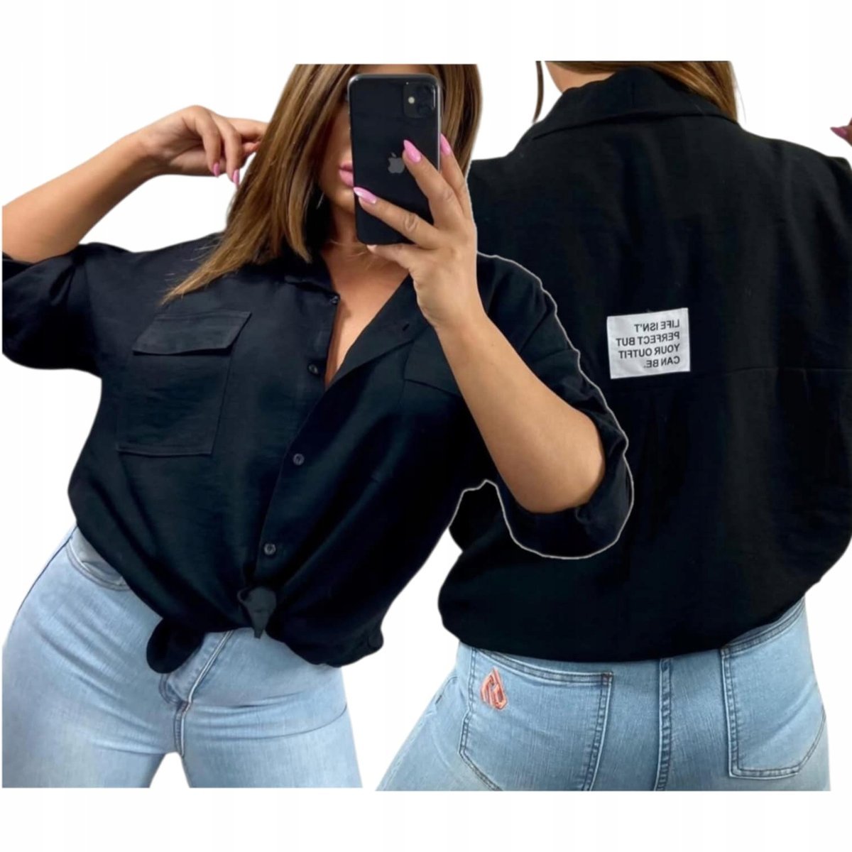 WISKOZOWA KOSZULA DAMSKA Z WIĄZANIEM nylon czarna modna kieszonka 50 52 5XL
