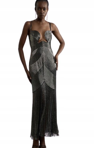 KAREN MILLEN PETITE SREBRNA SUKIENKA MAXI Z FRĘDZLAMI 38 B1C