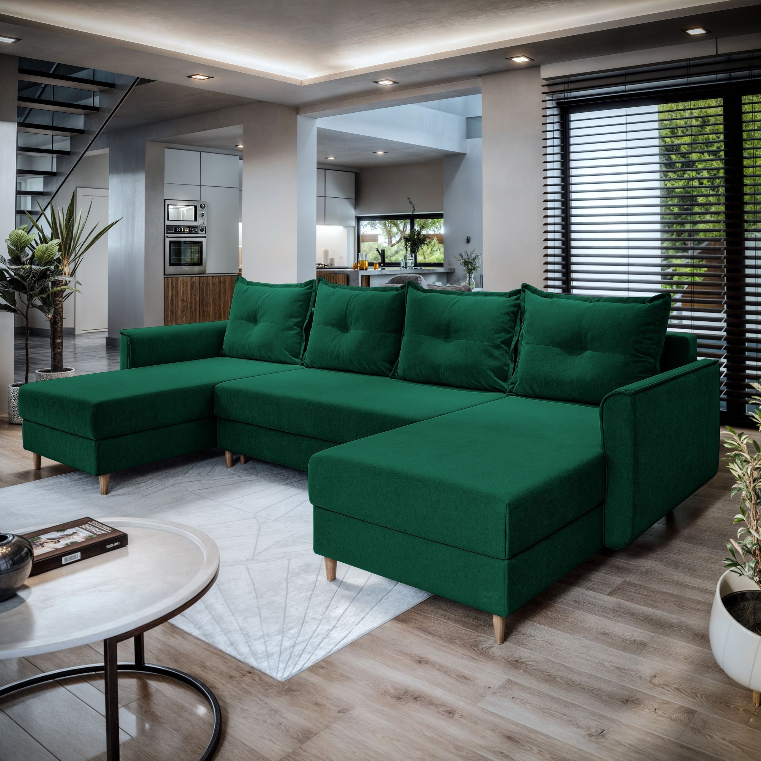Masseno Narożnik VERNI z funkcją spania i pojemnikiem na pościel Kształt U, Rozkładana sofa, Rogówka - Butelkowa zieleń, KRONOS 19