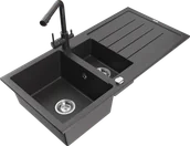 Zlewozmywaki z baterią - Mexen Andres zlewozmywak granitowy 1,5-komorowy z ociekaczem i baterią kuchenną Duero, czarny nakrapiany - 6515-76-671600-76 - miniaturka - grafika 1