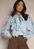 Koszule damskie - Niebieska Koszula Zdobiona Falbanami i Wiązaniem przy Szyi Ravissa - miniaturka - grafika 1