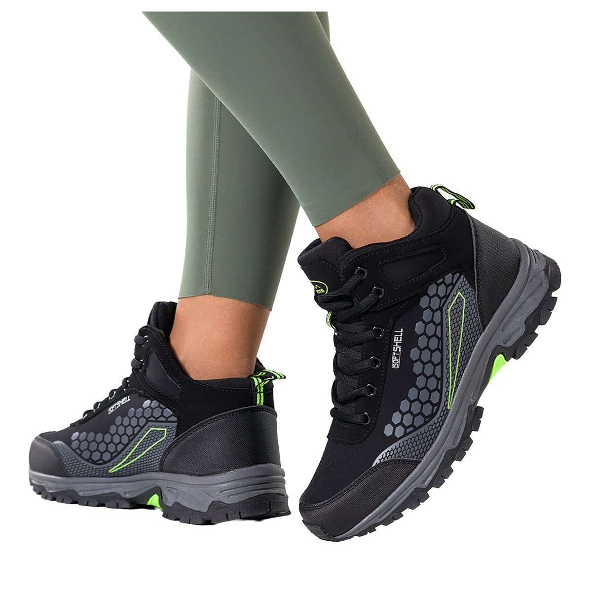 Czarne buty trekkingowe damskie softshell z seledynowymi dodatkami wysokie sznurowane Casu Y8186-7-37