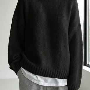 TEMU Damski Sweter Oversize z Okrągłym Dekoltem w Kolorze Czarnym - Miękki i Ciepły na Zimę, Elegancki Sweter na Co Dzień i do Stylizacji Formalnych, - Swetry damskie - miniaturka - grafika 1