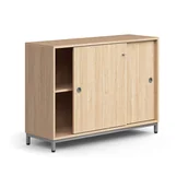 Szafy biurowe - Zamykana szafa przesuwna QBUS, 1 półka, nóżki, uchwyty, 868x1200x400 mm, srebrny, dąb - miniaturka - grafika 1