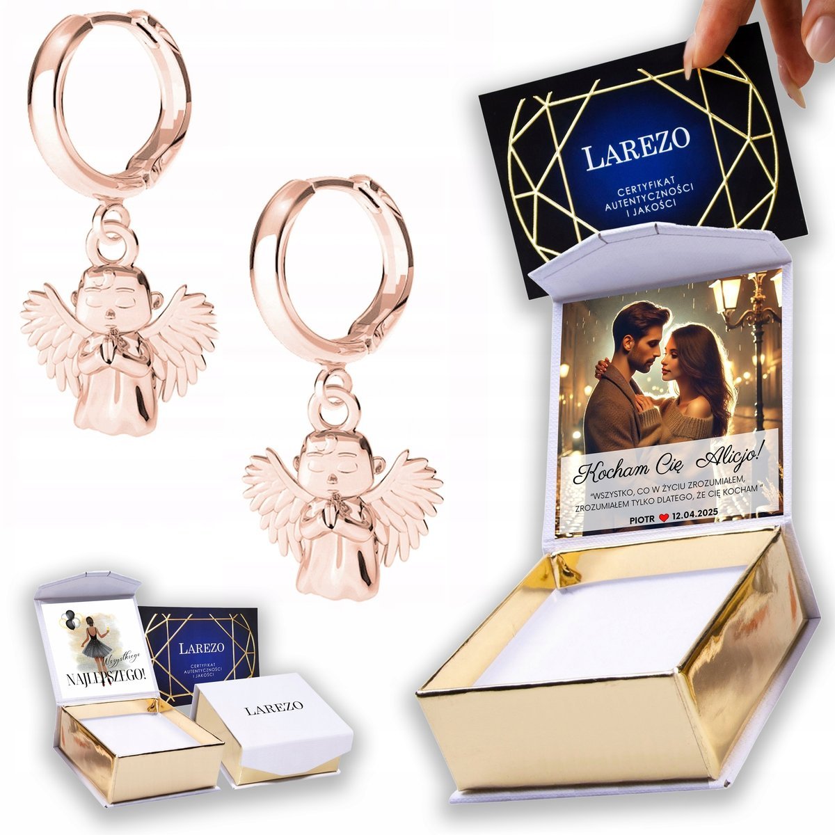 Kolczyki Pozłacane 925 z Aniołkami Anioły Aniołki Stróże Angel NADRUK