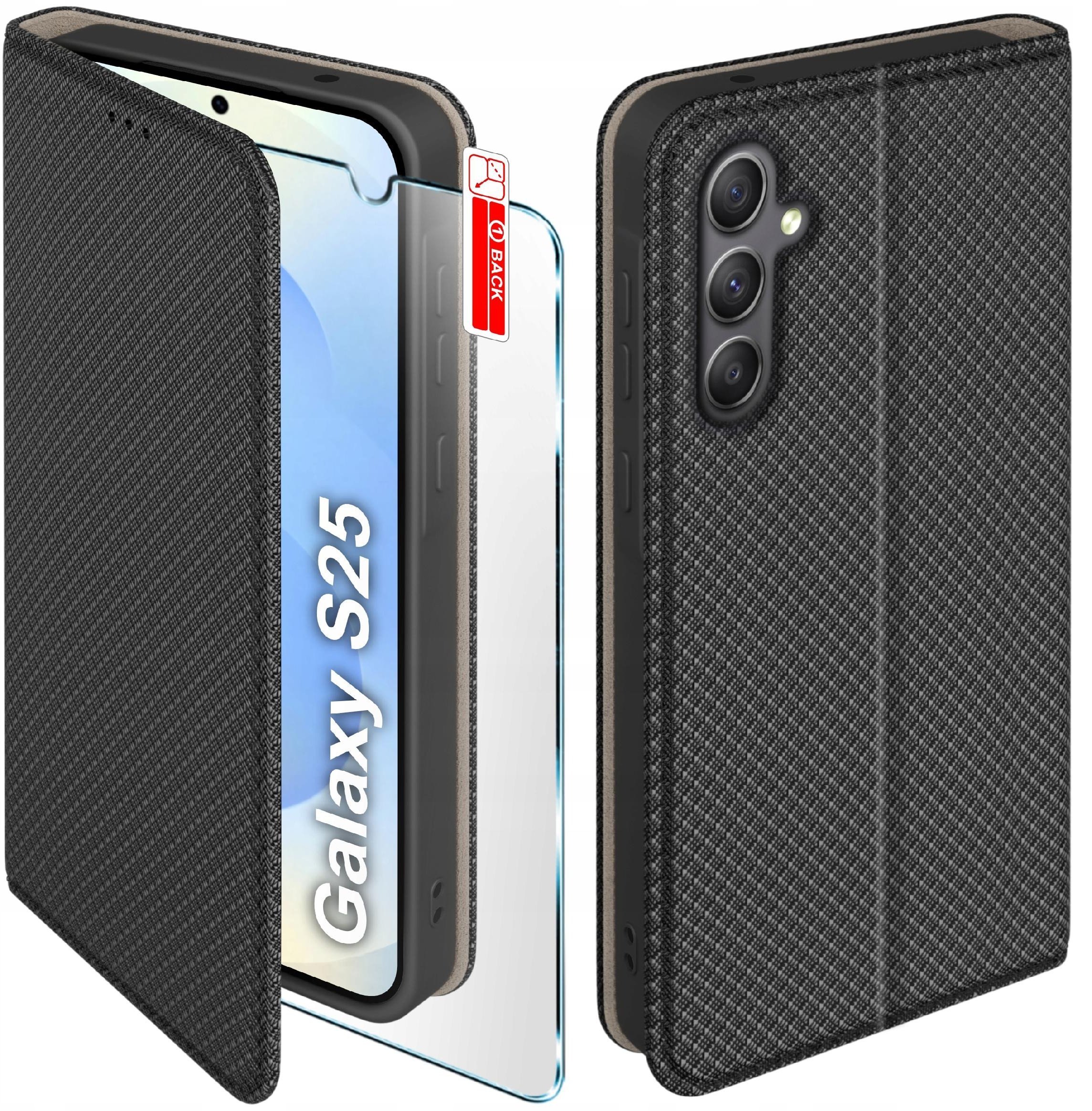 Etui z klapką do Samsung S25 Zamykane Czarne Futerał + Szkło 9H