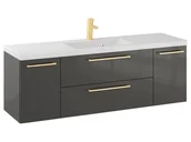 Szafki łazienkowe - Szafka Wisząca Z Umywalką RON 140 cm D - Titan Wysoki Połysk - Uchwyty Złote Szczotkowane - miniaturka - grafika 1