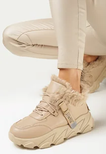 Ciemnobeżowe Ocieplane Sznurowane Sneakersy na Grubej Podeszwie z Ozdobnym Futerkiem Visha - Moda i Uroda OUTLET - miniaturka - grafika 1