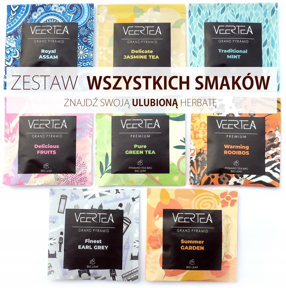Herbata Veertea Piramidki zestaw 64 saszetek 8 piramidek z każdego smaku