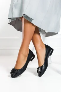 Czarne baleriny damskie Sergio Leone na niskim obcasie z ozdobą skórzana wkładka BL203-CA - Baleriny - miniaturka - grafika 1