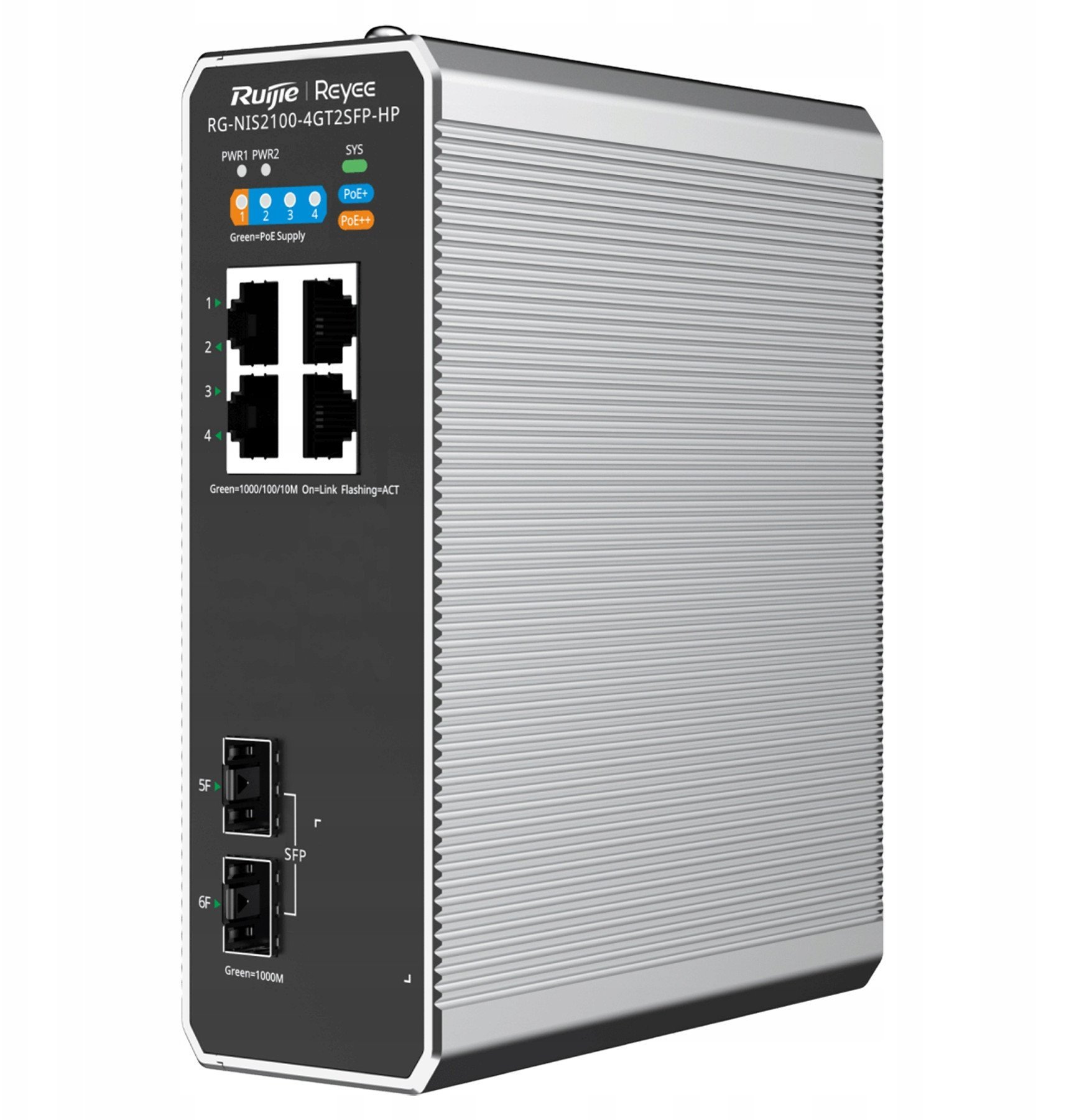 Ruijie Reyee RG-NIS2100-4GT2SFP-HP| Switch zarządzalny przemysłowy, 6 portów, 4xGE, 1xPoE++, 3xPoE+, 180W, 2xSFP, L2, Cloud 6976915001491