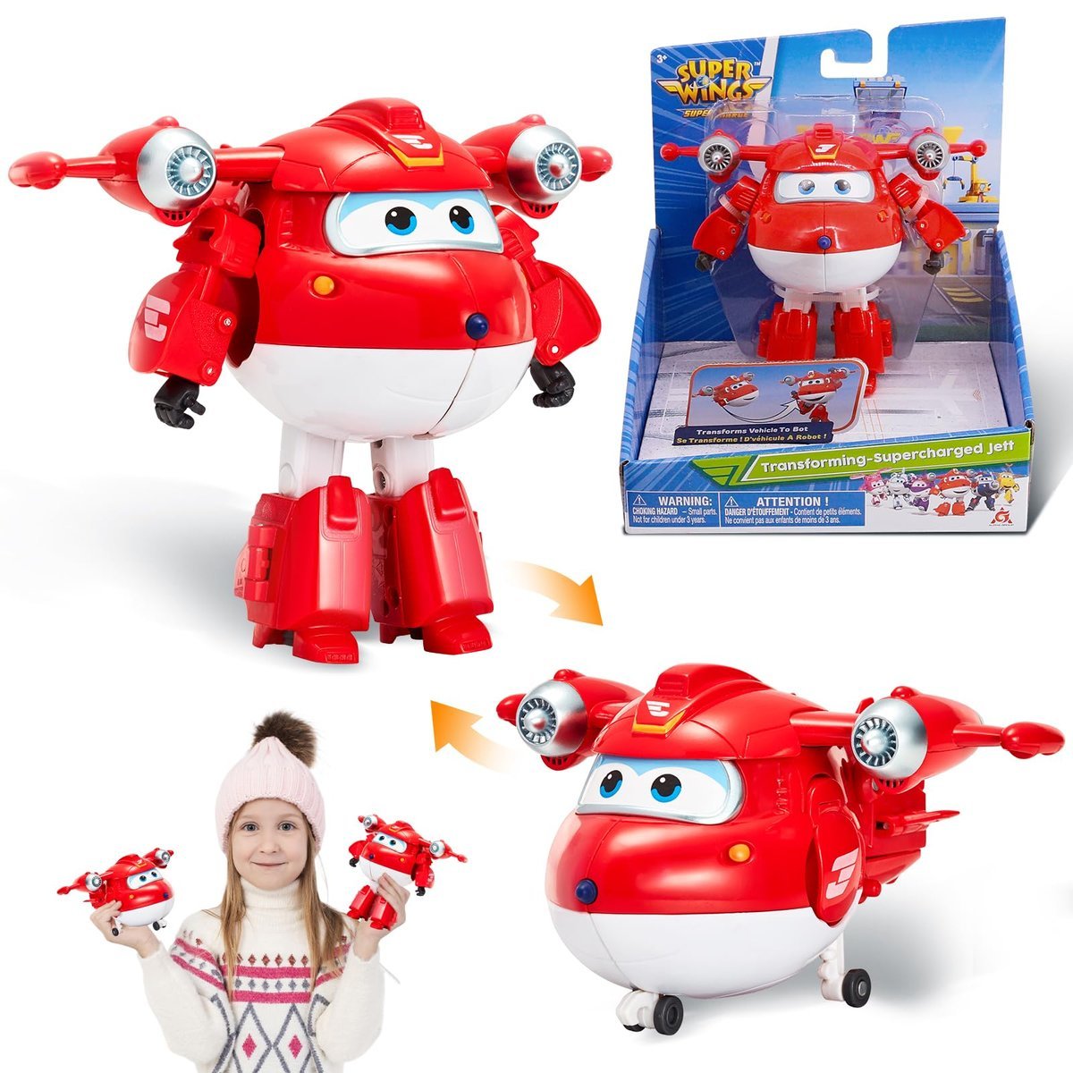 Super Wings Supercharged Jett Transforming Jett - 13 cm samolot do robota zabawkowa figurka (10 kroków), kolekcja sezonu 4, dla dzieci od 3 lat, bat..