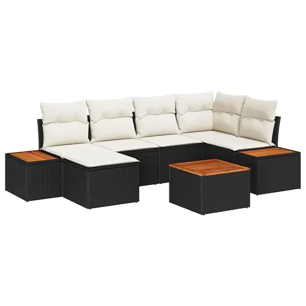 Zestaw 7-częściowy Sofa Ogrodowa z Poduszkami i Stołem, Rattan, Czarny