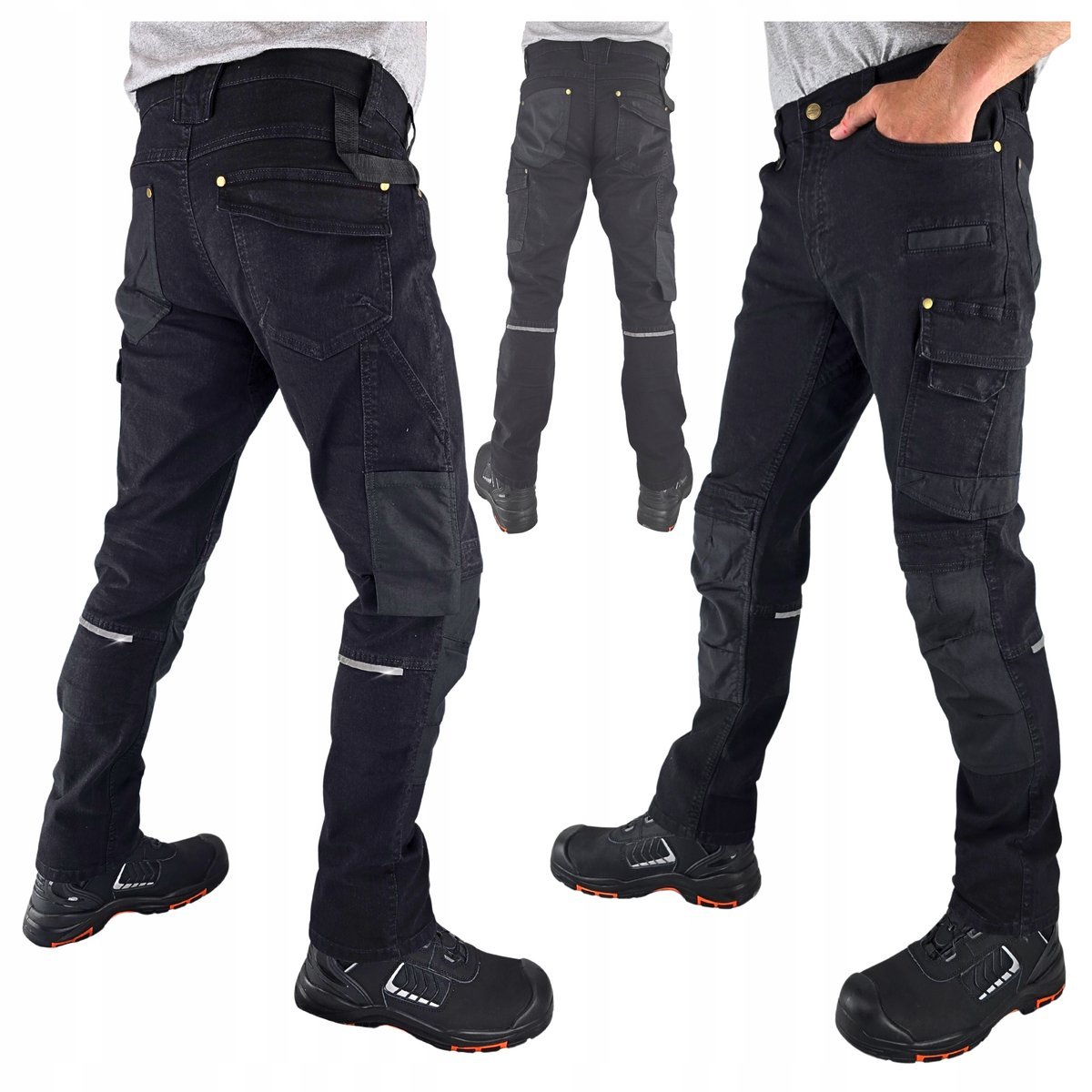 Spodnie robocze Jeans męskie Bojówki czarne Elastyczne Wygodne Stretch 58