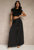 Spodnie damskie - Czarne Spodnie Palazzo High Waist Ozdobione Broszką Kwiatem Folassea - miniaturka - grafika 1