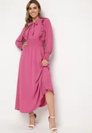 Sukienki - Ciemnoróżowa Rozkloszowana Sukienka Maxi Wiązana przy Dekolcie Ozdobiona Falbankami Nuteki - miniaturka - grafika 1