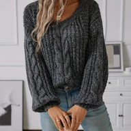 Swetry damskie - TEMU Sweter damski z dekoltem w serek, plecionymi rękawami i detalem skrętu – luźny krój, jednokolorowy pulower na jesień/zimę, teksturyzowany - miniaturka - grafika 1