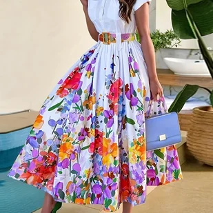 TEMU Elegancka Sukienka A-Linii z Kwiatowym Nadrukiem dla Kobiet z Guzikami i Paskiem w Talii - Żywy Żółty, Fioletowy, Pomarańczowy, Zielony Wzór - Sukienki - miniaturka - grafika 1